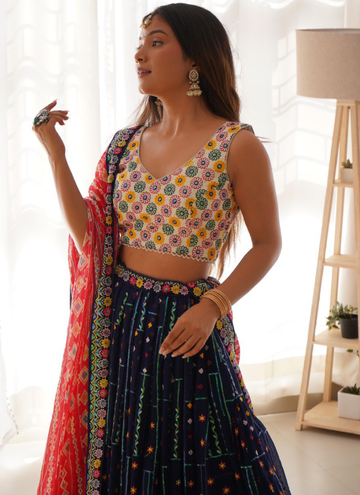 Heavy Thread Embroidered Georgette Navy Blue Wedding Lehenga Choli